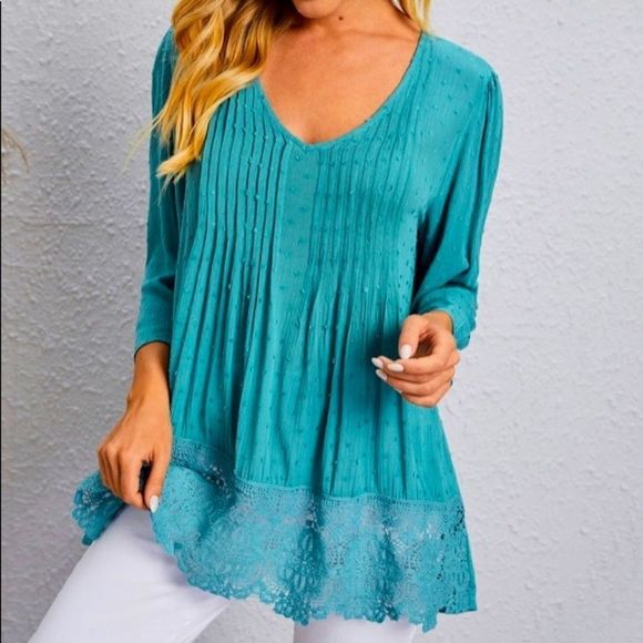 NWT! SWISS DOT LACE TRIM SOLID BLOUSE IN CADET BLUE! - Picture 1 of 12